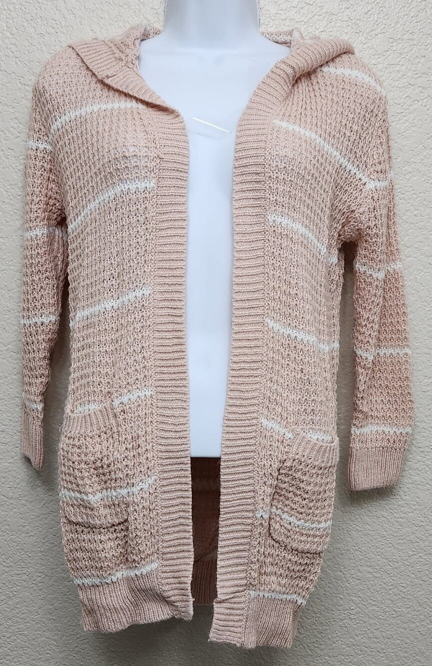 Emma & Elsa Pink White Striped Hooded Cardigan Sweater 14 Girls Lightweight Soft